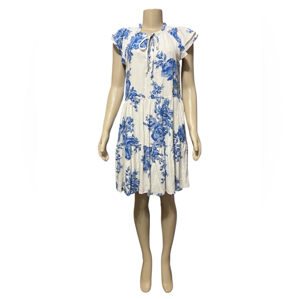 Cece Size S Printed Split-Neck Flutter-Sleeve Sheath Dress Floral Linen Cotton